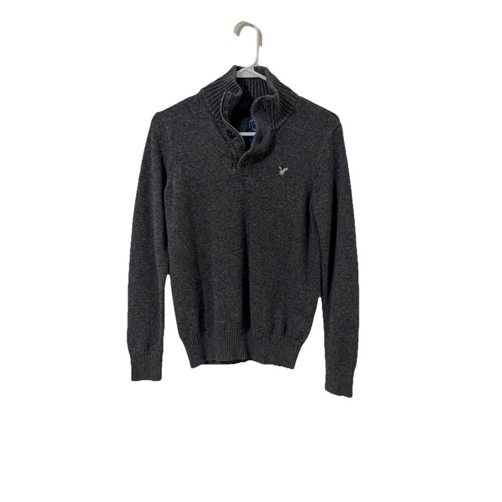 American Eagle Men's Sweater Gray, 100% Cotton, V-Neck, Logo Pullover Size XS
